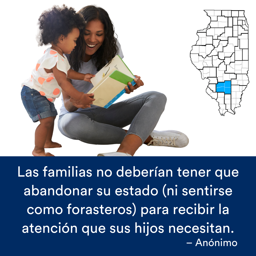 Una foto de un adulto y un niño mirando un libro. Una cita de la historia se encuentra al final. El mapa de Illinois con una región resaltada en azul está a la derecha.