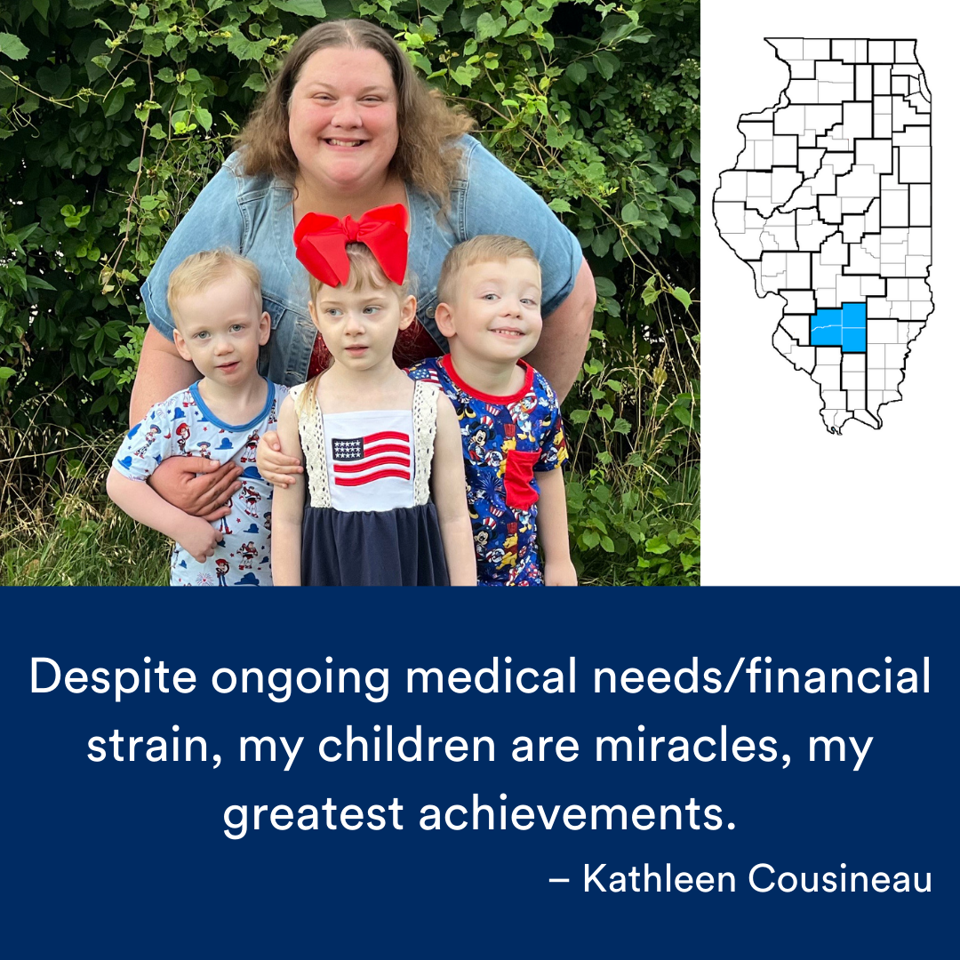 A photo of an adult wrapping her arms around three children. A quote from the story is at the bottom. The Illinois map with a Region highlighted in blue is to the right.