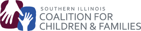 A picture of the Southern Illinois Coalition for Children and Families logo. A photo of two outlined hands in brown and blue colors are on the left. On the right in gray letters says the full coalition name.