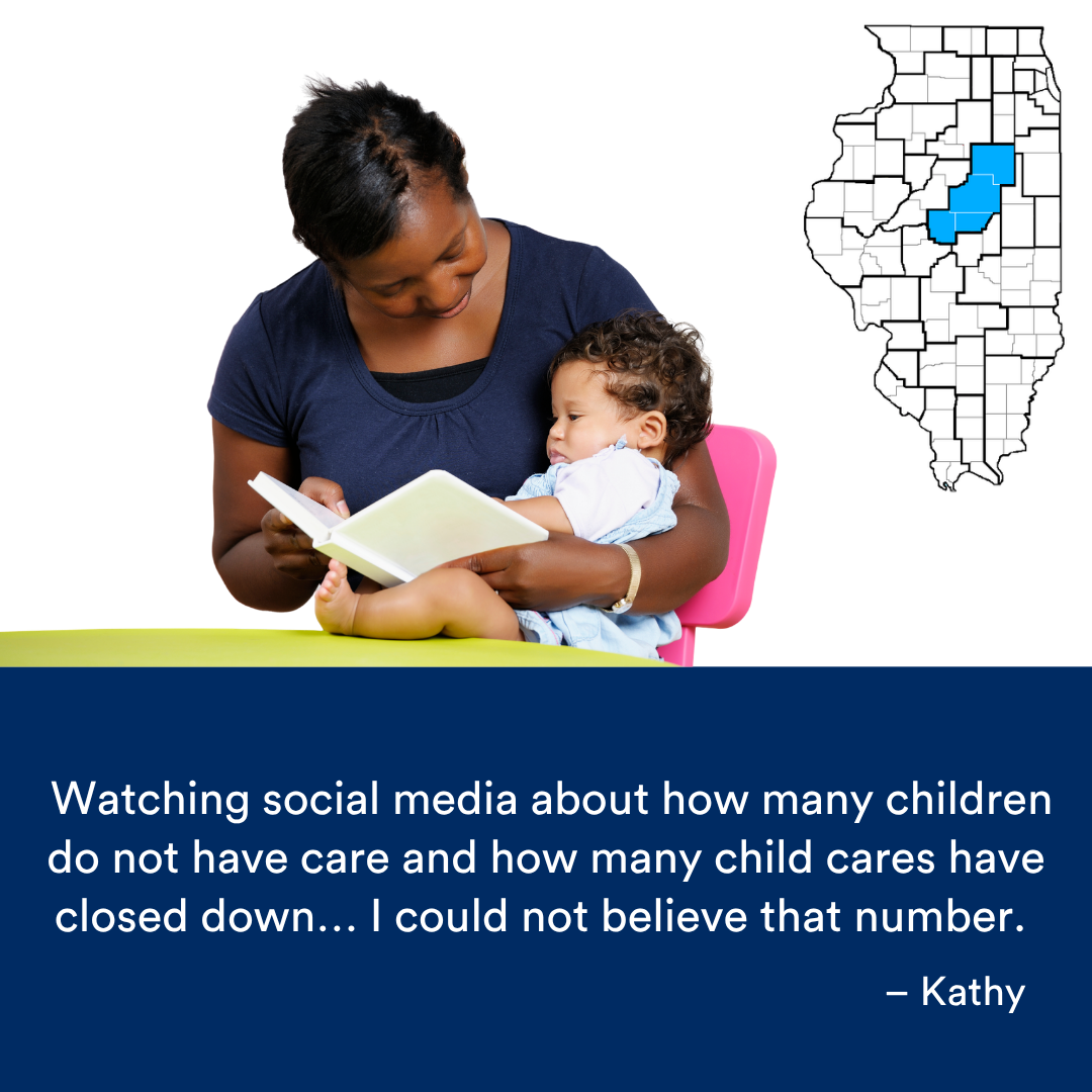 A teacher holding an infant. A quote from the story is at the bottom. The Illinois map with a Region highlighted in blue is to the right.