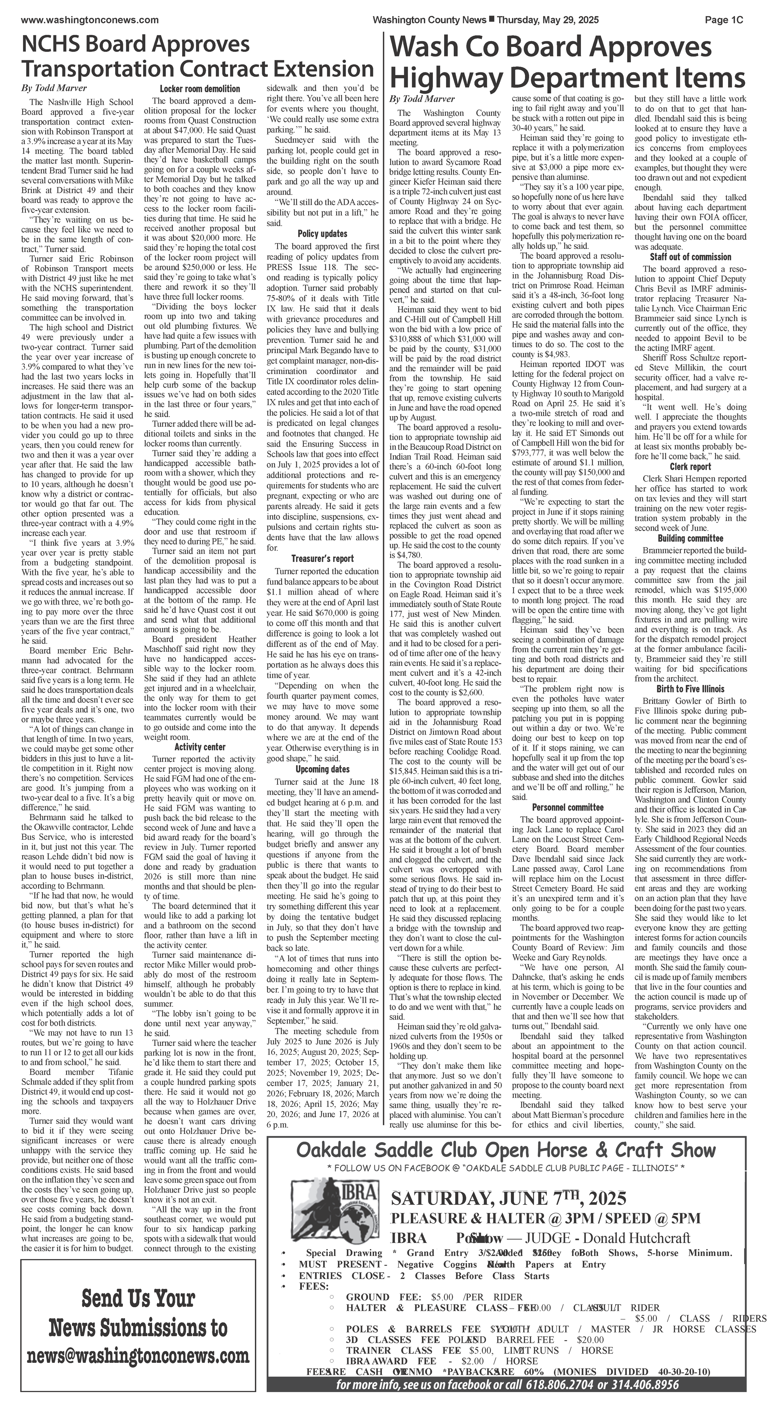 Image of Washington County Newspaper section featuring Birth to Five Illinois.