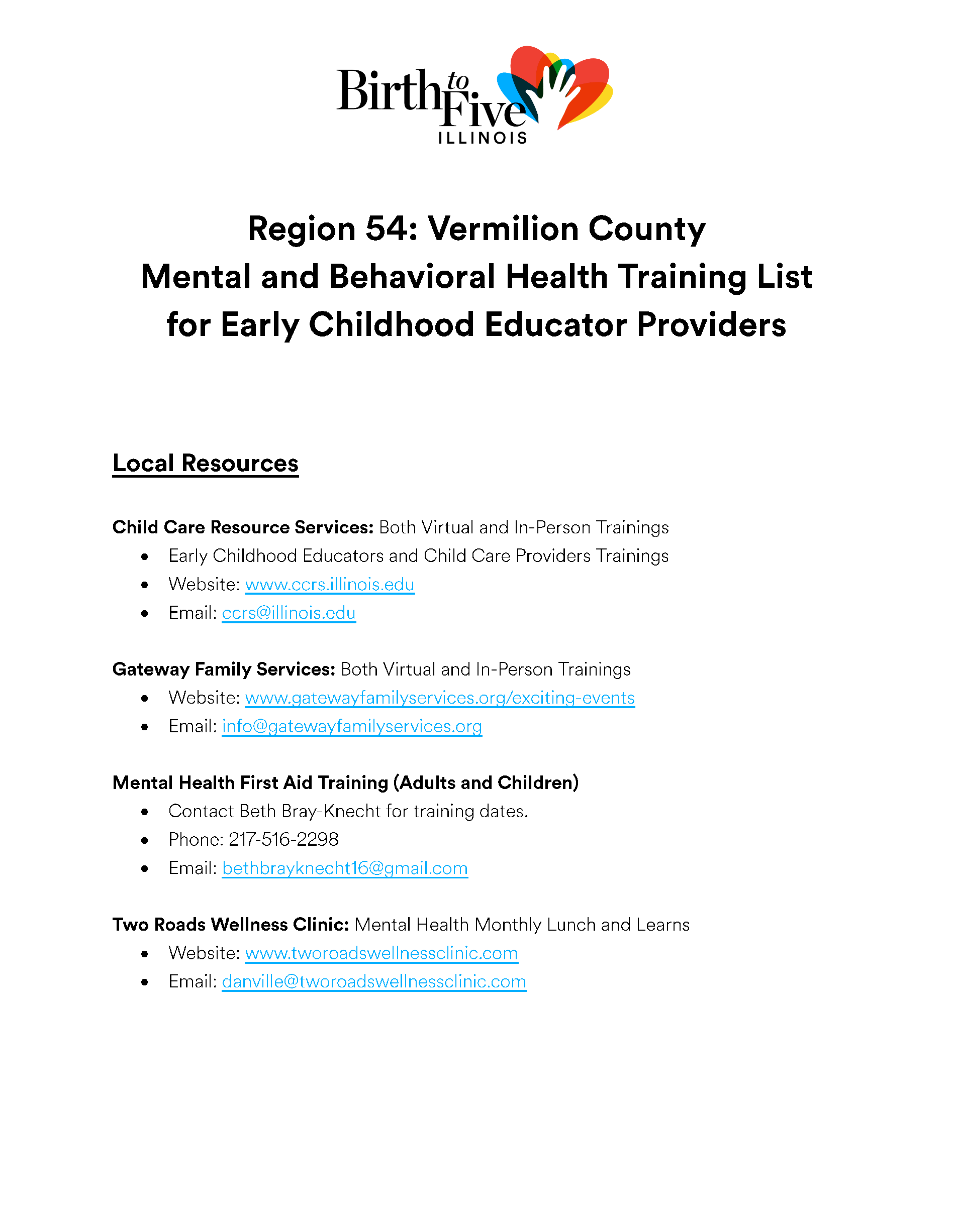 Image of page 1 of the Mental & Behavioral Health Training List for Early Childhood Educator Providers.