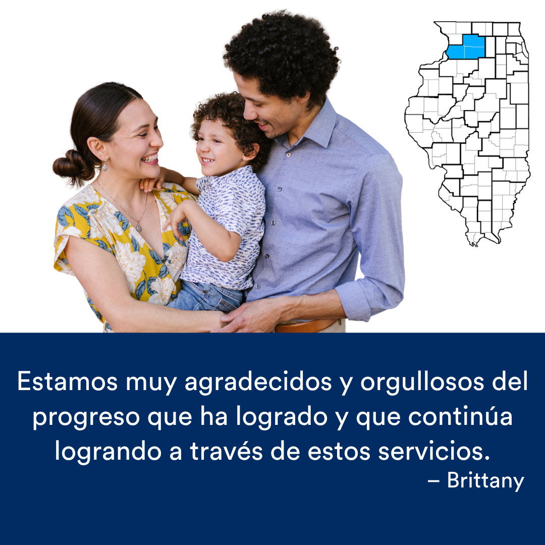 Una familia de tres personas abrazándose. Una cita de la historia se encuentra al final. El mapa de Illinois con una región resaltada en azul está a la derecha.