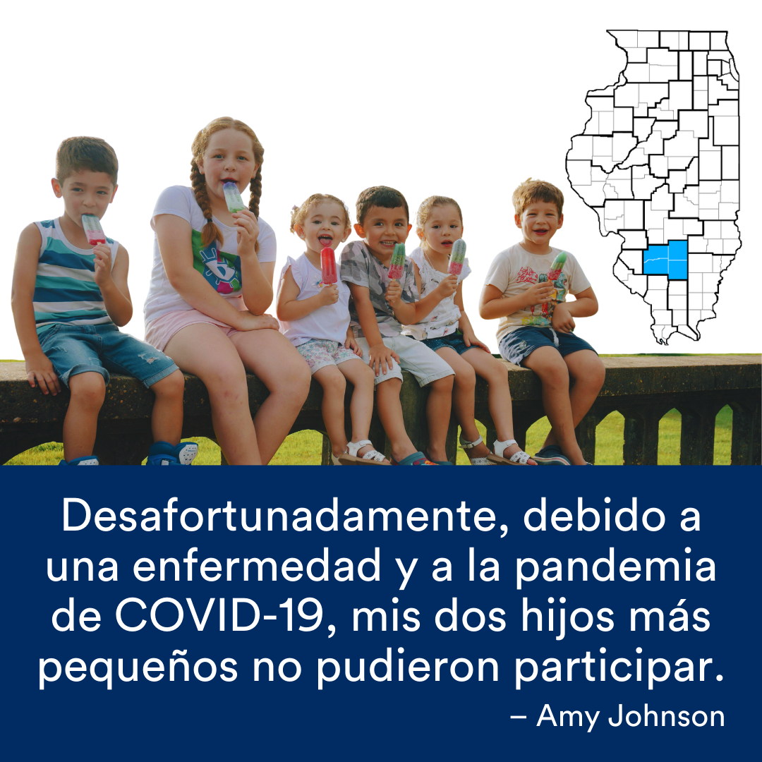 Una imagen de seis niños sentados en una valla lamiendo paletas. Una cita de la historia se encuentra al final. El mapa de Illinois con una región resaltada en azul está a la derecha.