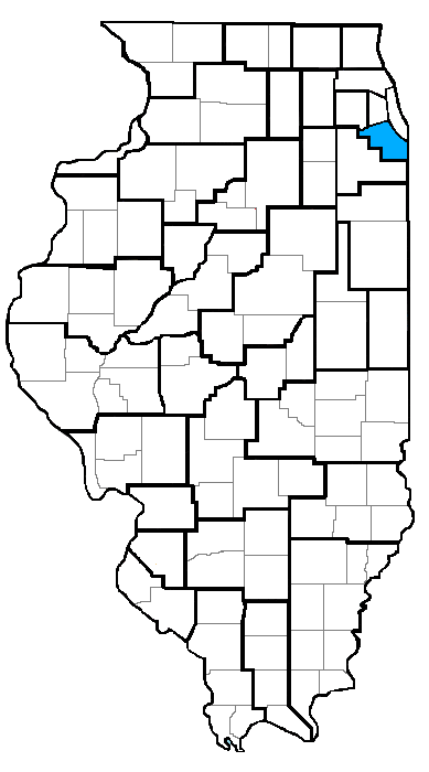 A map outlining all Regions in Illinois by using black lines. Region 1-B-C is highlighted in blue on the map. All other Regions are colored in white.