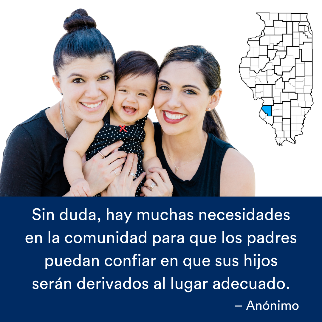 Dos adultos sonriendo y sosteniendo a una bebé. Una cita de la historia se encuentra al final. El mapa de Illinois con una región resaltada en azul está a la derecha.