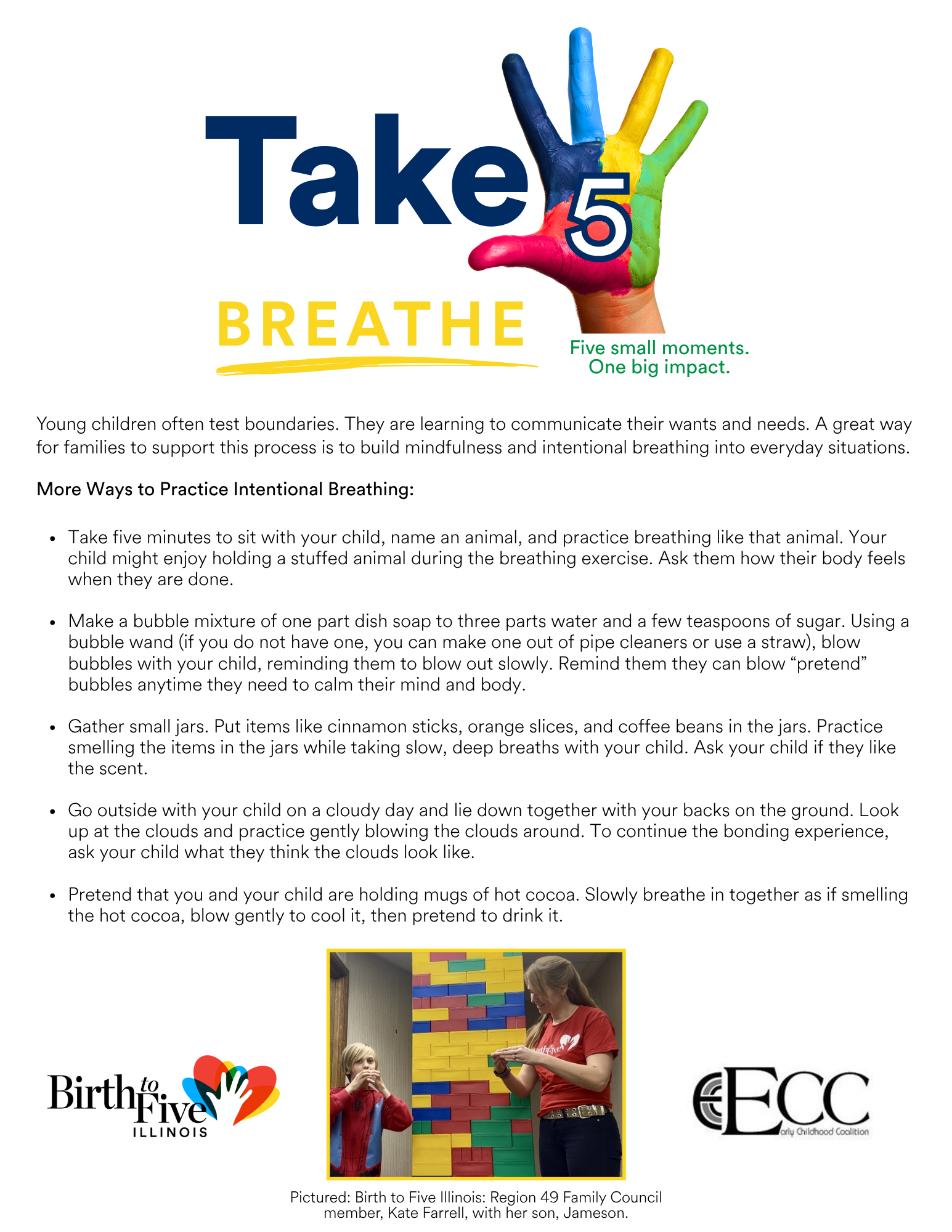 Image of Take 5: Breathe flyer with examples of how caregivers can take 5 to pause and breathe with their child/children.