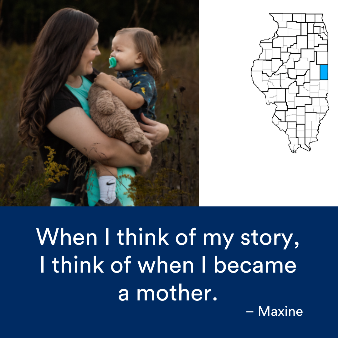 A mother holding her child. A quote from the story is at the bottom. The Illinois map with a Region highlighted in blue is to the right.
