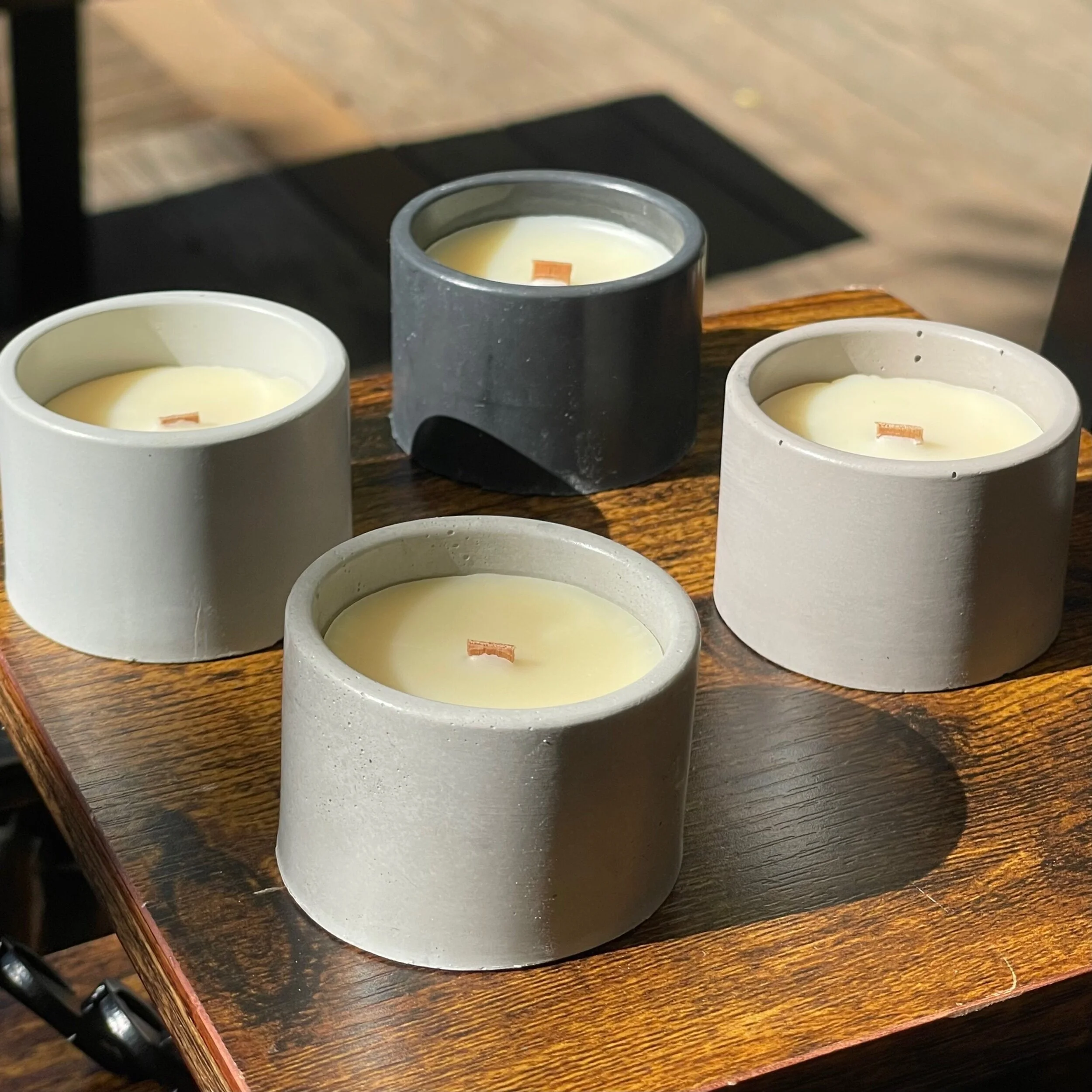 Mini Concrete Candle Set, Wood Wick Tea Light Concrete Candle Sample Set of 4 Luxury Non-Toxic Candle Scents