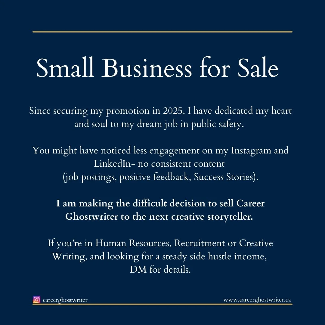 🚨 MAJOR ANNOUNCEMENT 🚨 After making a difficult decision and prioritizing my work-life balance, I have decided to sell Career Ghostwriter to the next ambitious solo entrepreneur. The next buyer should have experience in Human Resources/Recruitment 