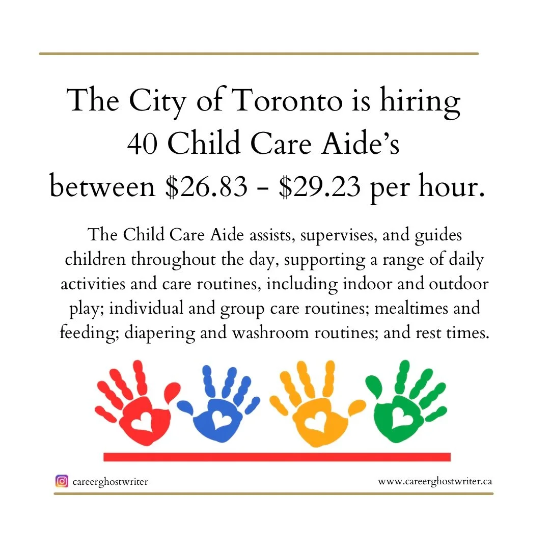@cityofto is hiring 40 Child Care Aide&rsquo;s between $26.83 to $29.23 per hour. The Child Care Aide assists, supervises, and guides children throughout the day, supporting a range of daily activities and care routines, including indoor and outdoor 