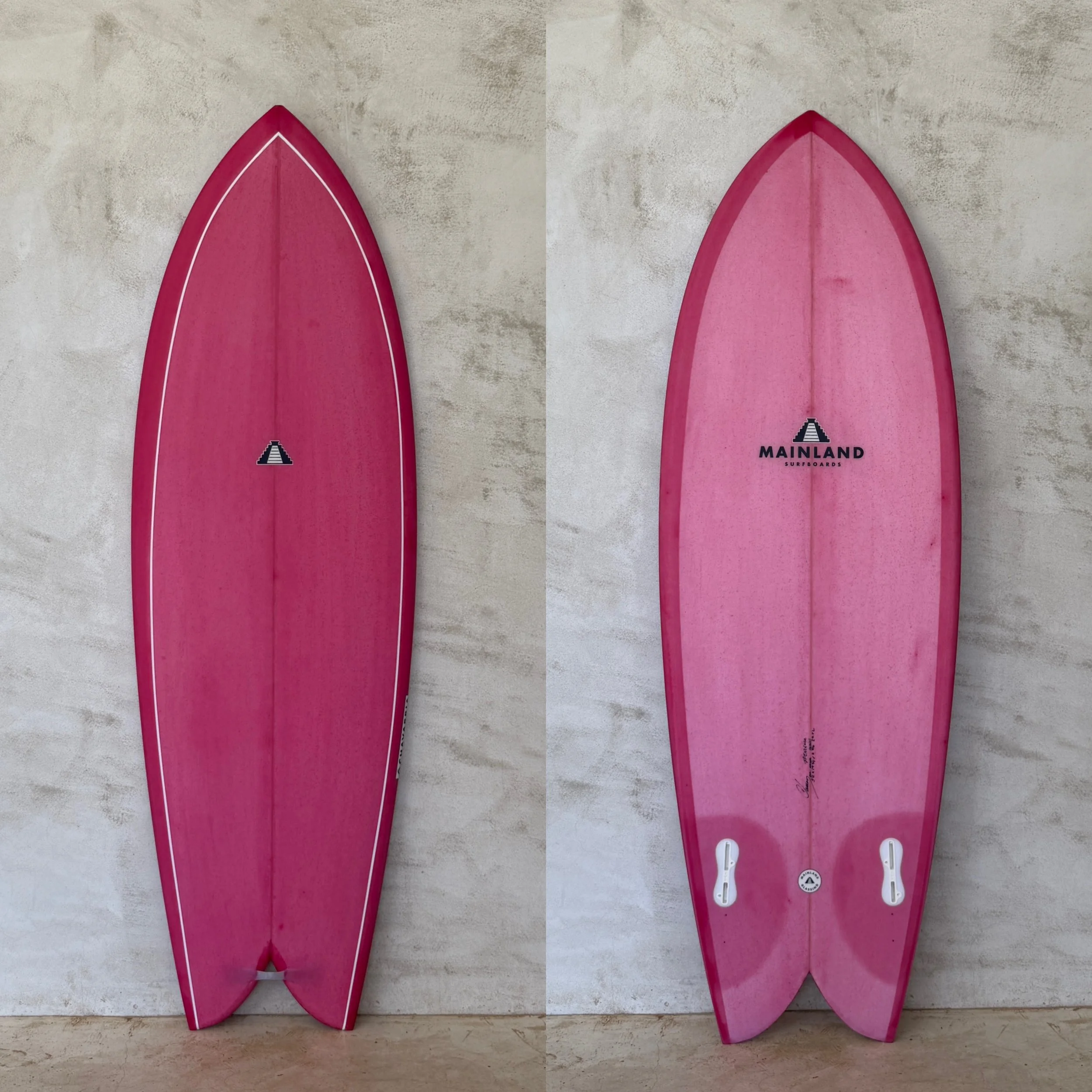 red custom surfboard - fish shape - locally made in Sayulita Mexico