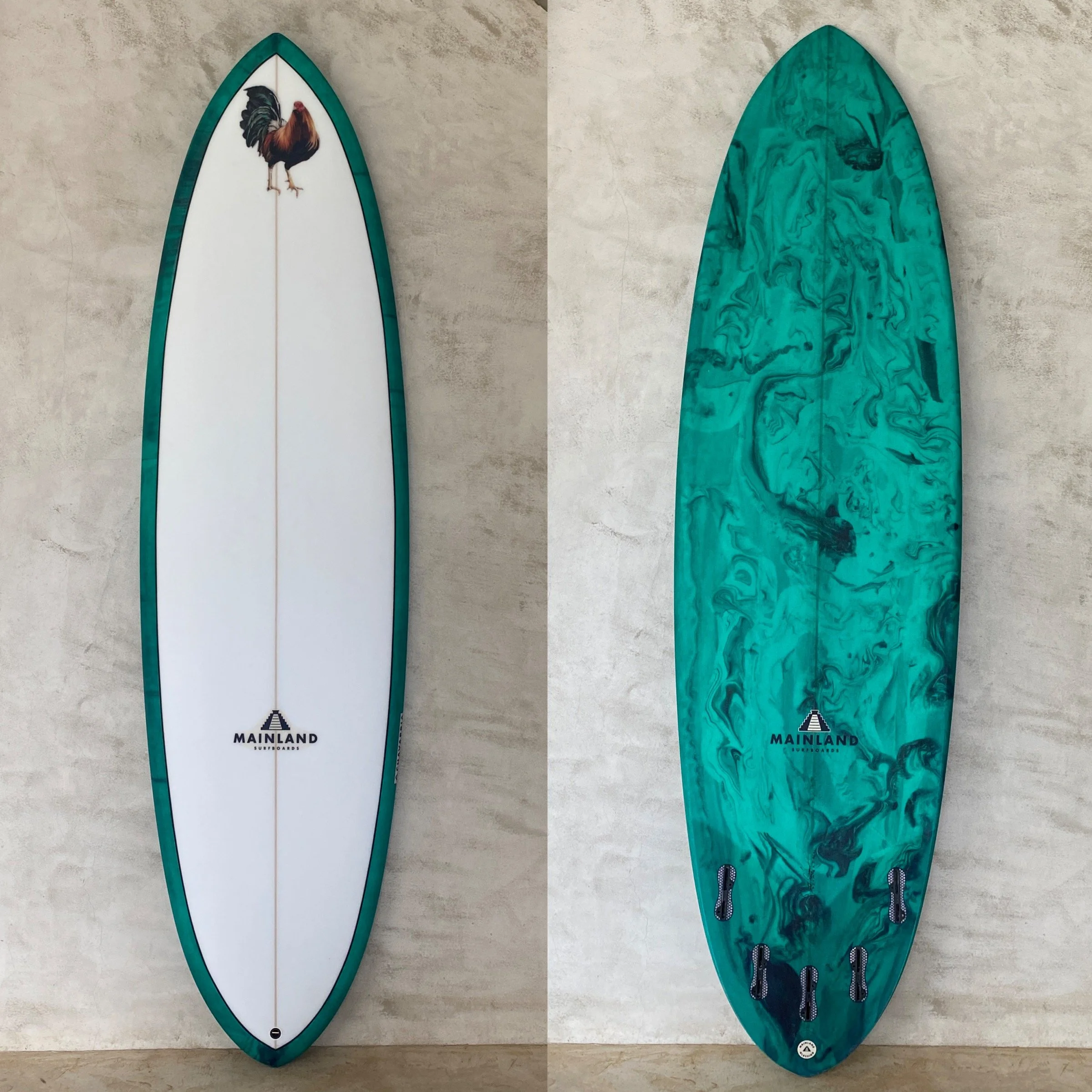 custom shape rooster surfboard - blue resin swirl