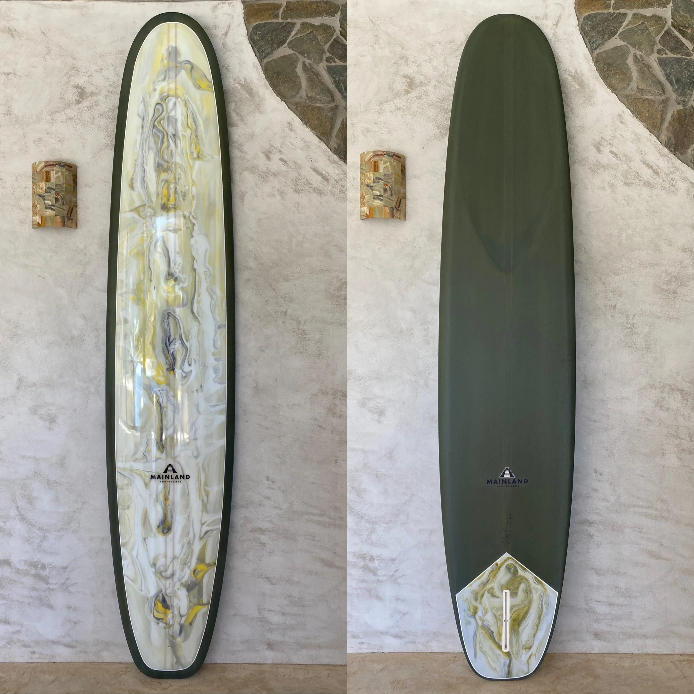 Dark forest green longboard with marble resin swirl custom surfboard