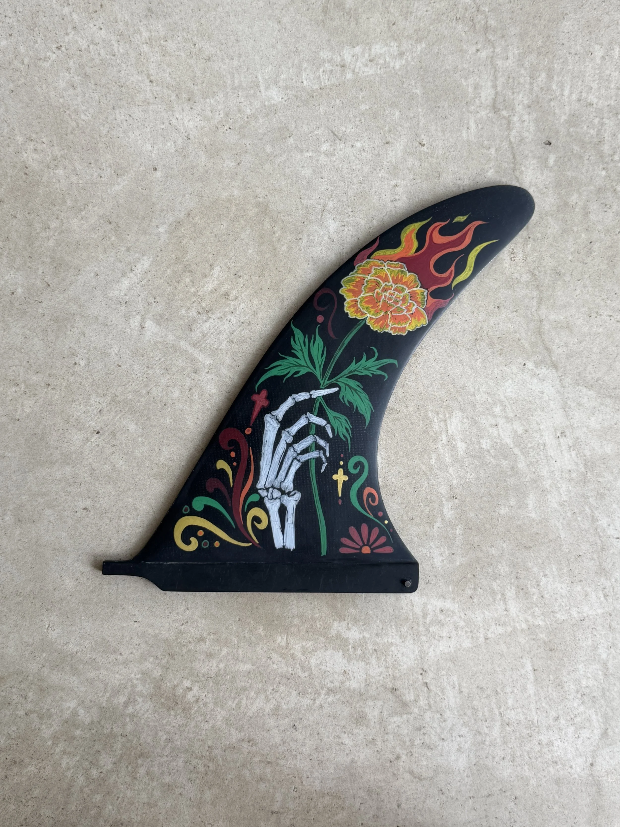dia de los muertos custom surfboard fin hand marigold.jpg