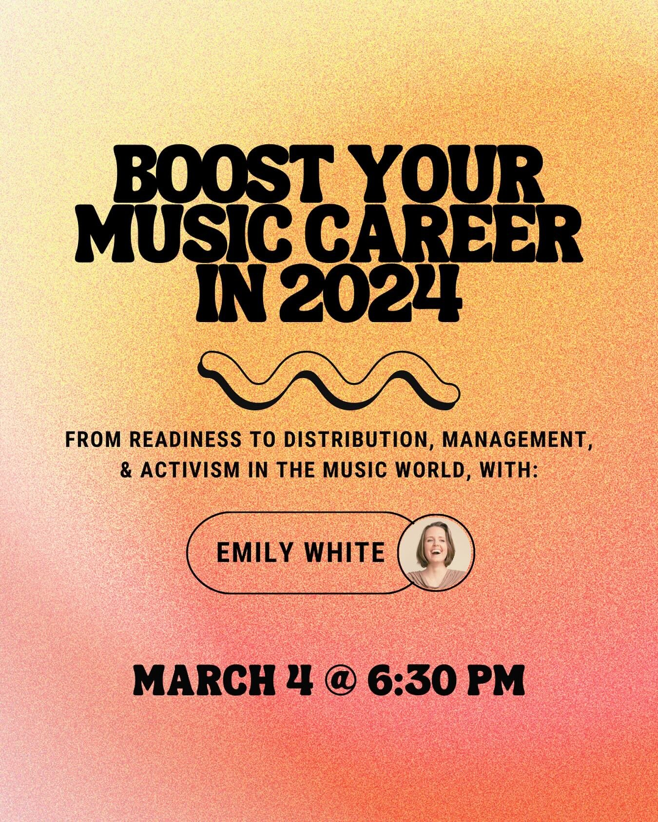 MARCH 4 🍬 Ready to boost your music career in 2024? Join us for an exclusive live interview and Q&amp;A with Emily White, #1 best-selling author, speaker, and certified music biz wizard 🪄 ✨

Gain insights on preparing your music for release, explor