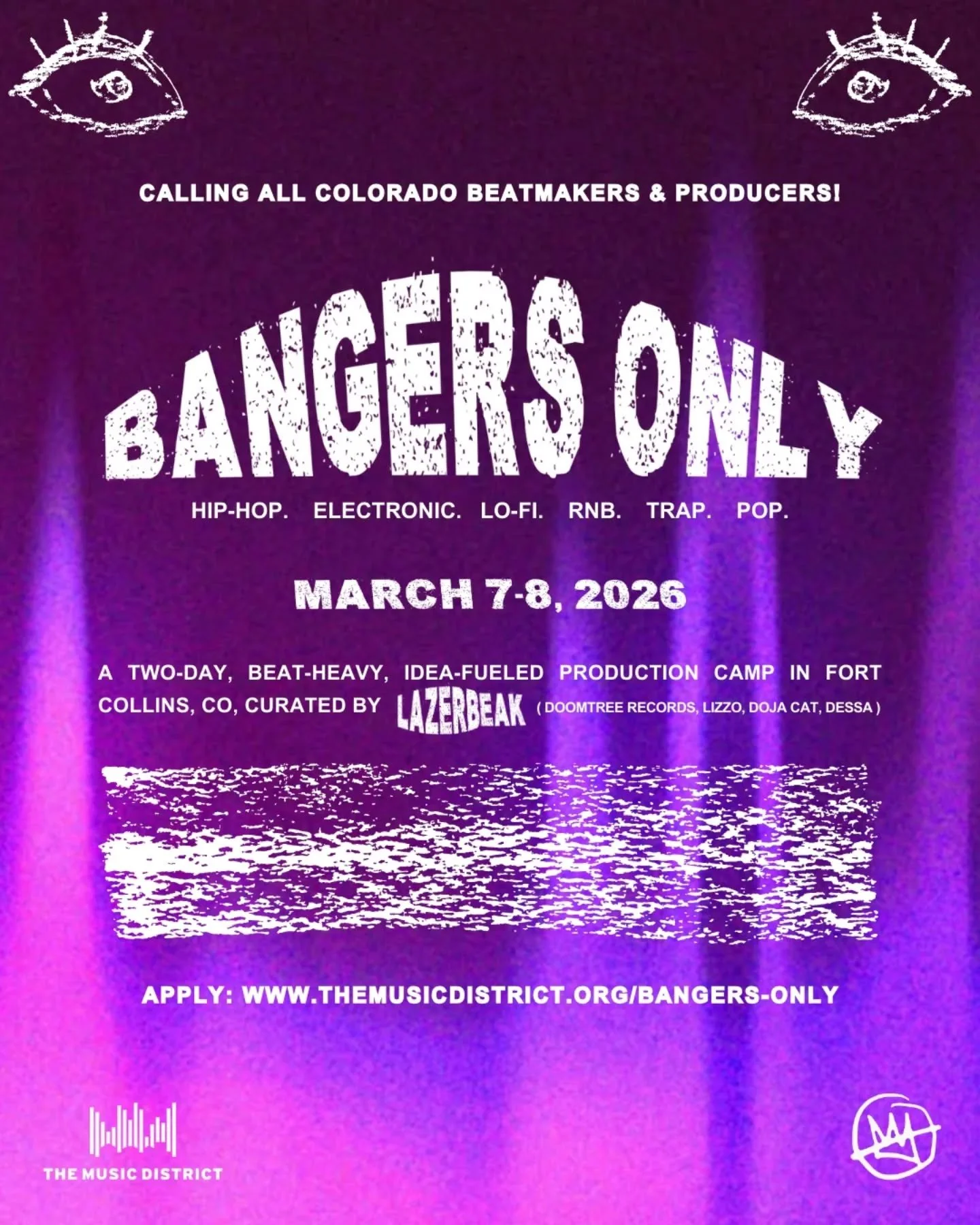 Hey Colorado producers + beatmakers&ndash;LISTEN UP 🎧🎆

Do you make hip-hop, electronic, R&amp;B, pop, lo-fi, and/or trap music?

Apply now 👾 Bangers Only 👾 Mar 7-8 at the Music District

This two-day, beat-heavy production camp is curated by @la