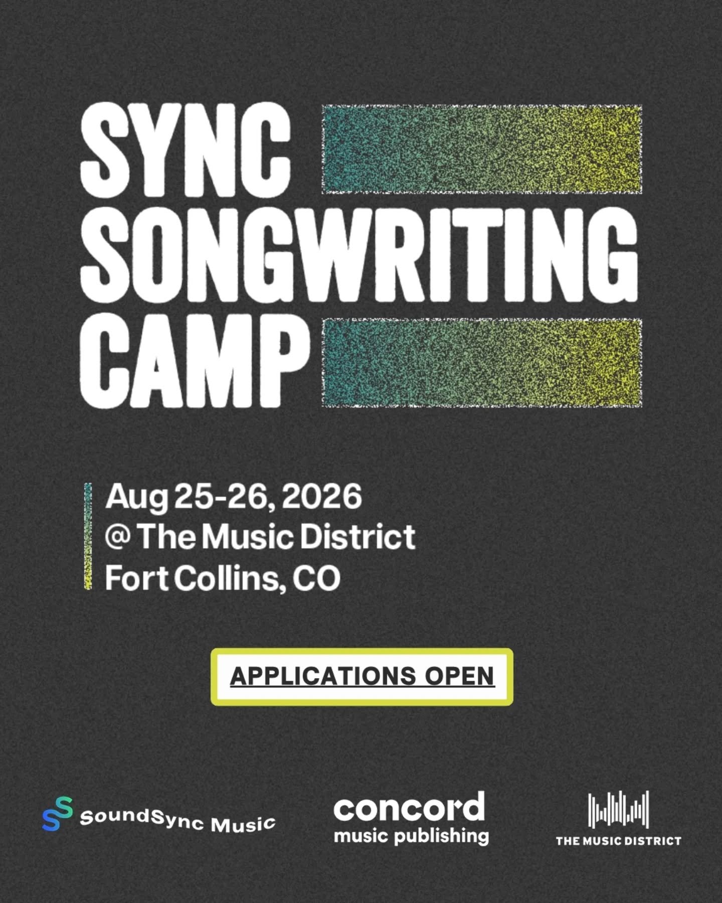 READY, SET, GO&nbsp;🏁&nbsp;Applications are open for Sync Songwriting Camp Aug 25-26 with @concordmusicpub + @soundsyncmusic!

If you're a Northern Colorado songwriter, topliner, or producer&ndash;APPLY NOW for the chance to create songs with real p