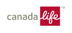 Canada Life logo with black background, featuring the word 'canada' in gray and 'life' in white on a pink square.