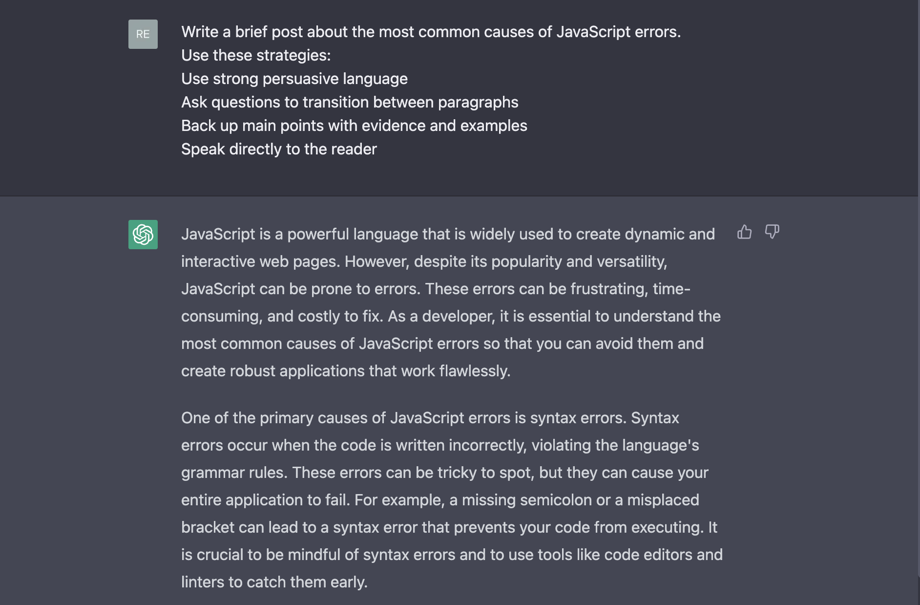 Part 1 of ChatGPT’s output when asked to produce a blog post about “the most common causes of JavaScript errors”.