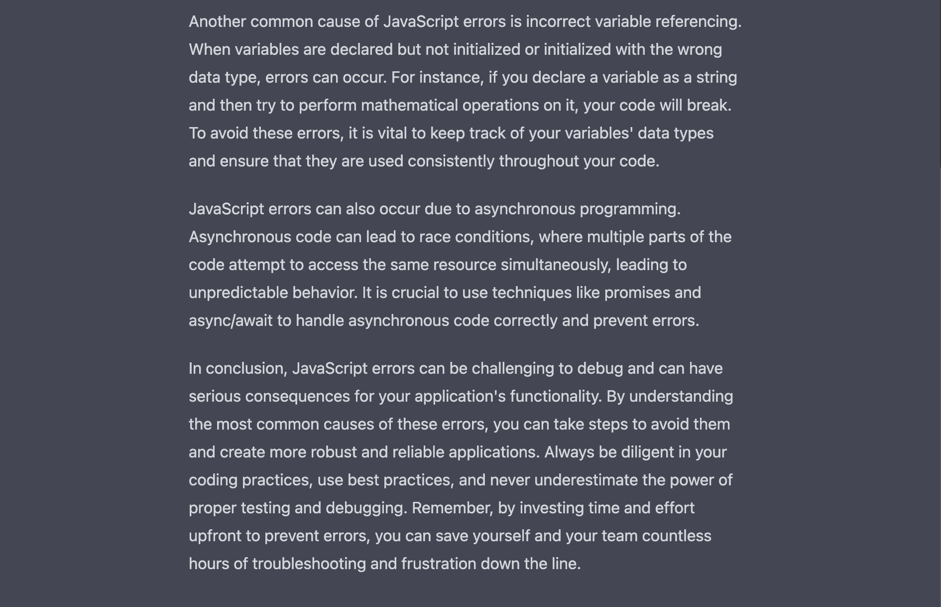 Part 2 of ChatGPT’s output when asked to produce a blog post about “the most common causes of JavaScript errors”.