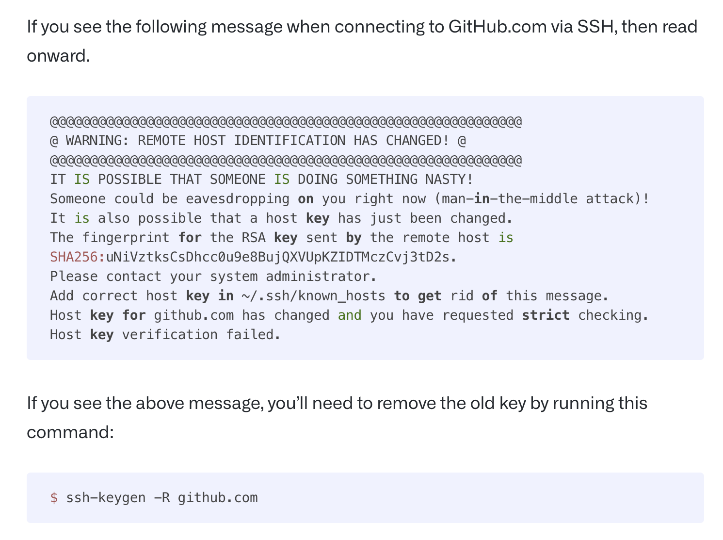 If you see the following message when connecting to GitHub.com via SSH, then read onward. with code snippet