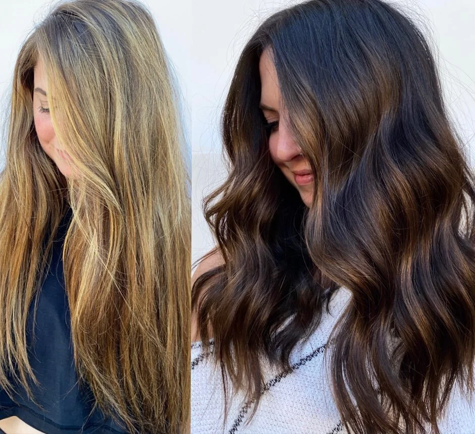This before and after is 🤌🏼

I used my signature reverse balayage technique to bring her hair back to life.

This adds depth and dimension back into overly lightened hair + adds tons of shine &amp; movement.

Great for brunettes &amp; blondes who a