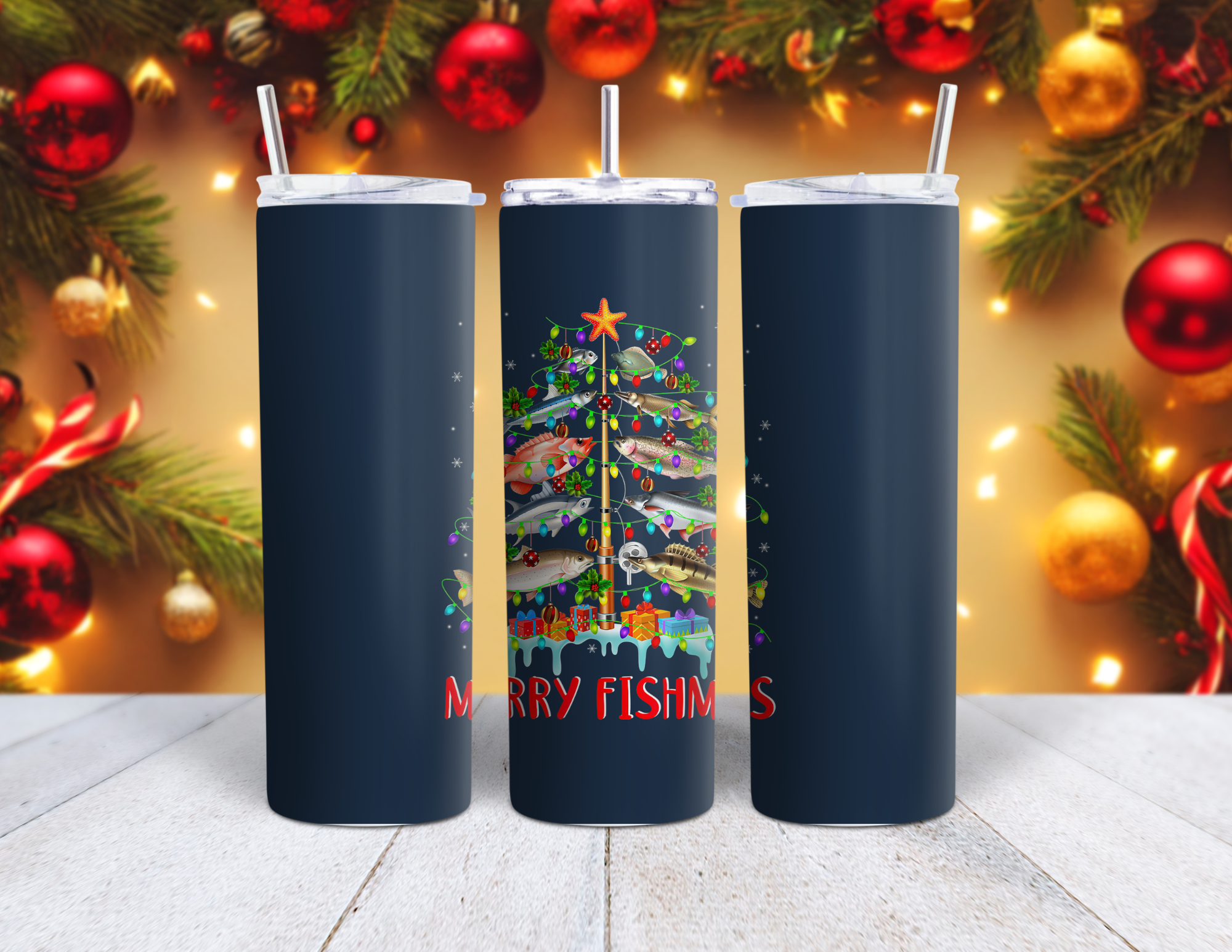 20 oz Stainless Steel - Merry Fishmas Tumbler