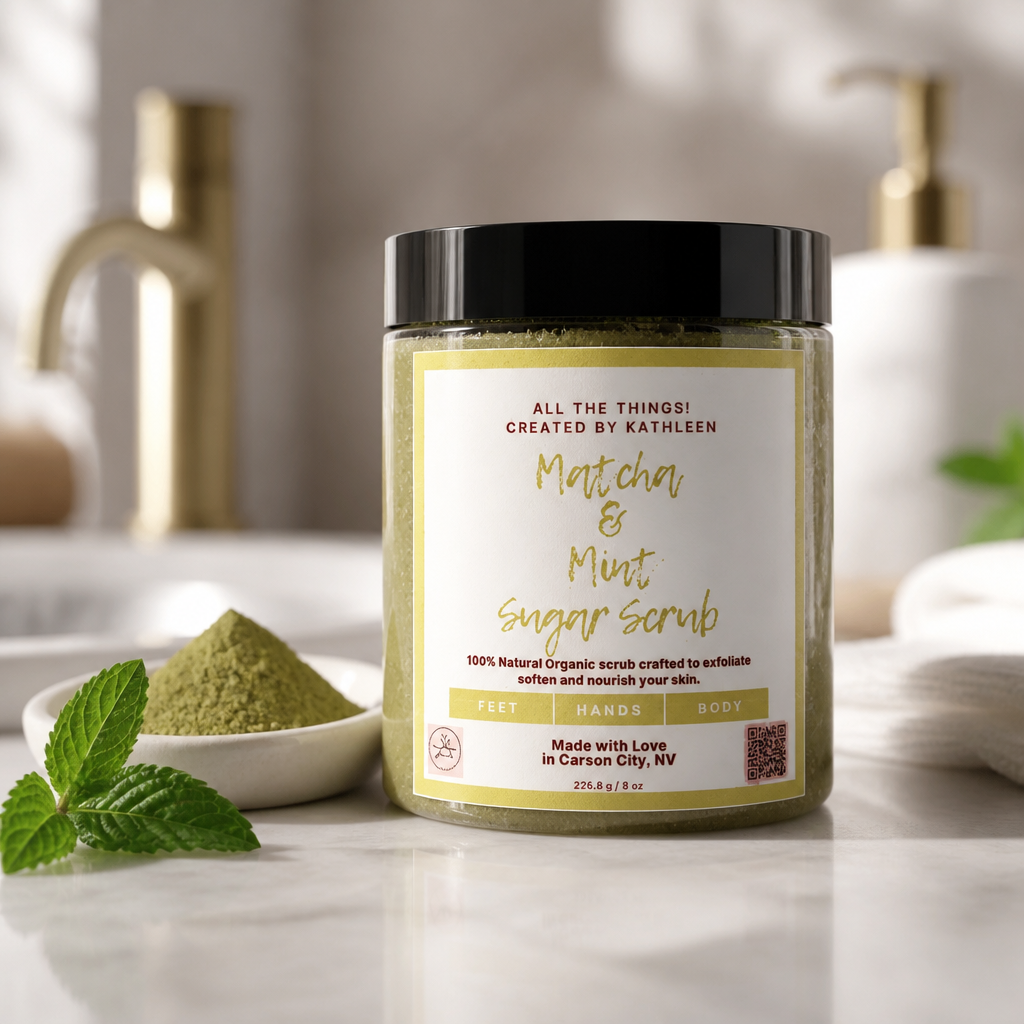 8oz Matcha & Mint Sugar Scrub with wooden spoon