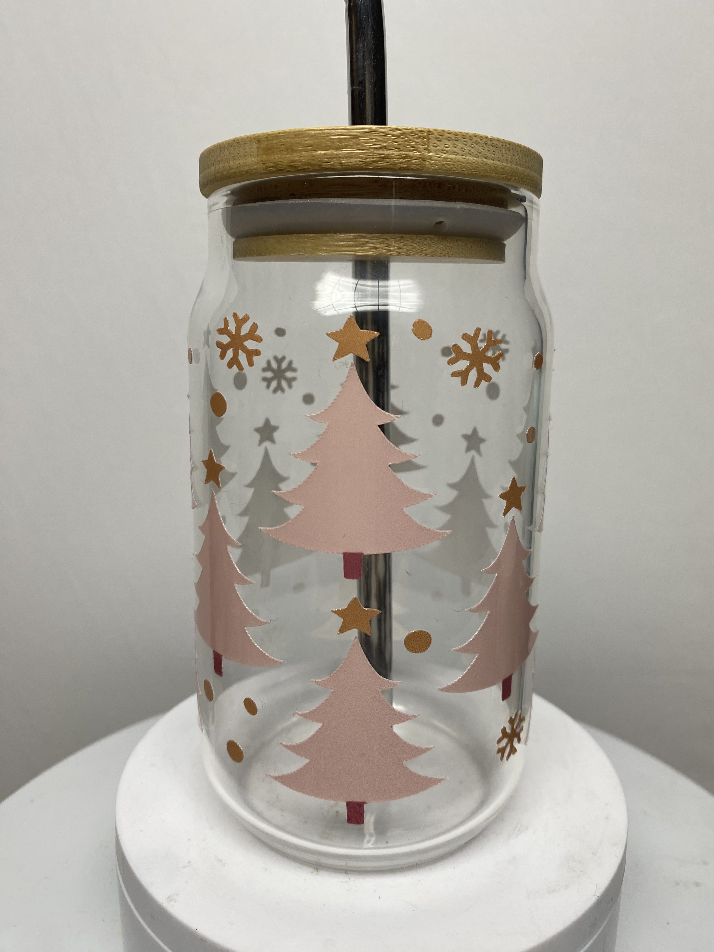 16 oz. Glass Can with Bamboo Lid and Straw - Pink Christmas Trees and Snowflakes
