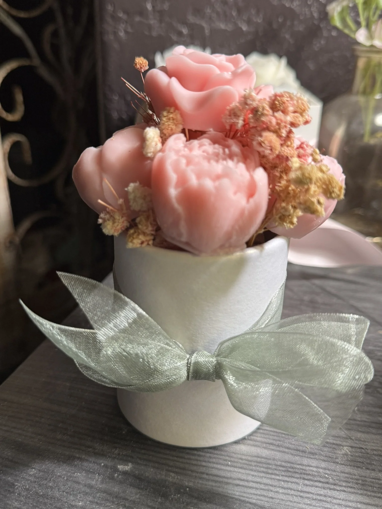 Small Wax Flower Bouquet, White Vase with Peony Buds