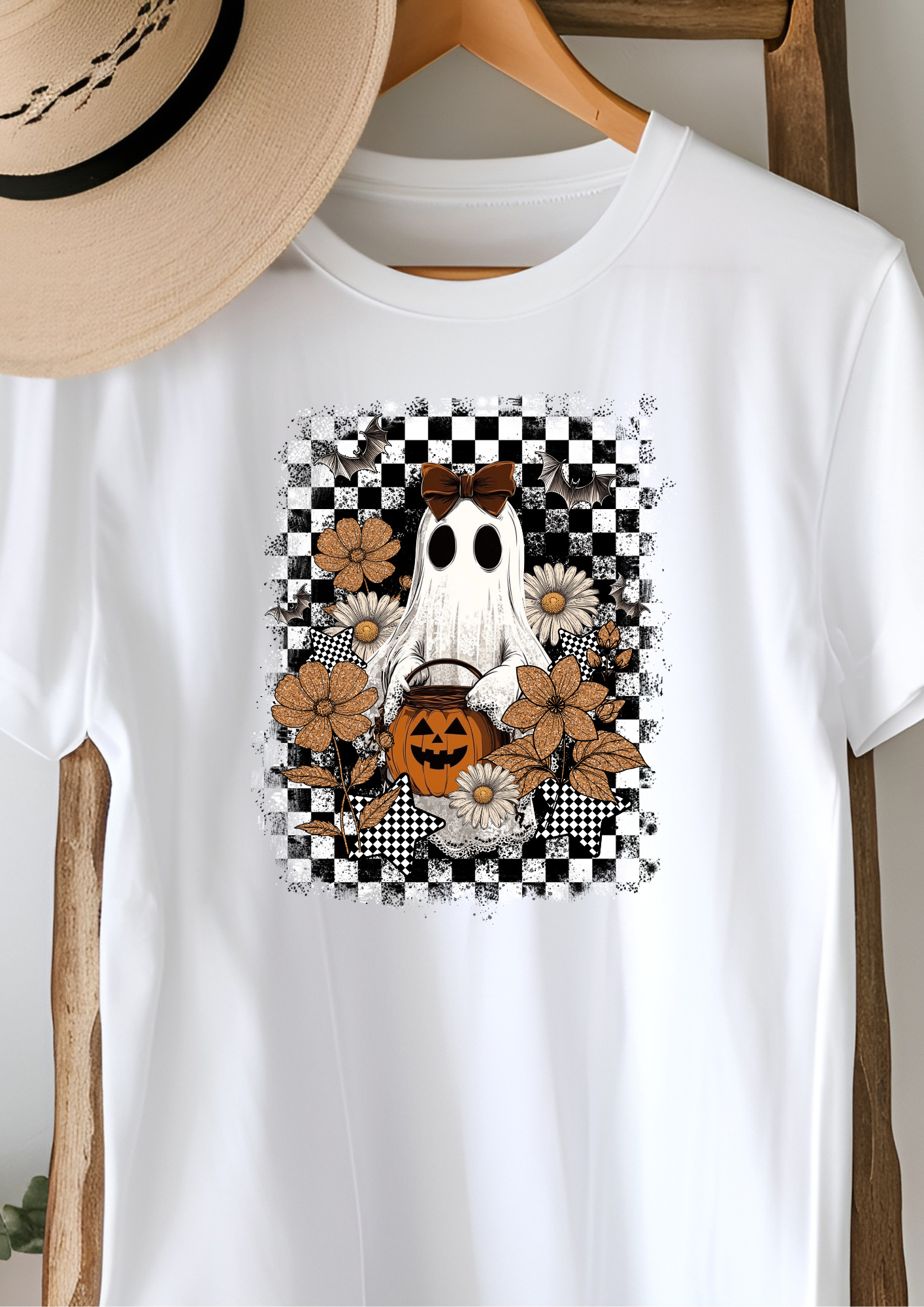 Ghost with Black and White Checkered Background T-shirt