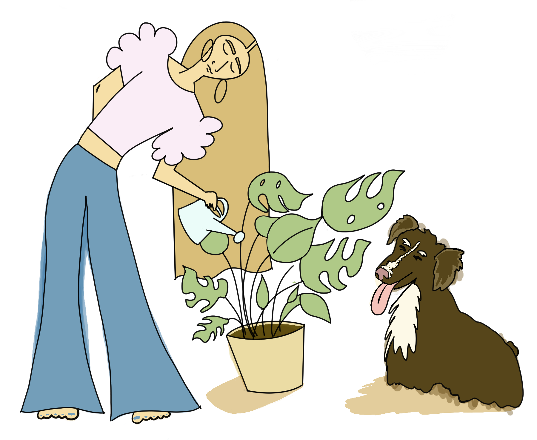 Illustration of a woman watering a plant with a watering can, and a dog sitting next to it, looking happy with its tongue out.