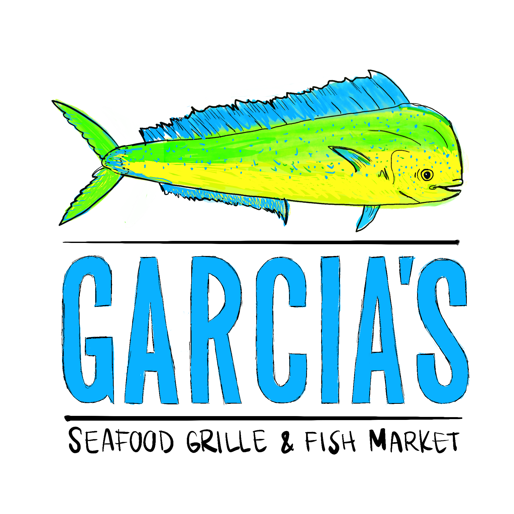 A colorful, hand-drawn sign for a seafood restaurant named 'Captain's Catch'. The sign features a large, smiling fish with blue and yellow coloring and text that reads 'Seafood, Grill & Fish Market' in black handwritten style.