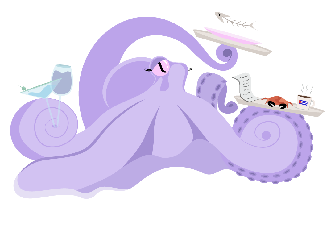 Bright purple octopus with sunglasses relaxing at a desk, reading a newspaper, with a lobster and a mug nearby, surrounded by modern decor.