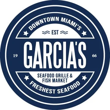 Circular logo for Garcia's Seafood Grille and Fish Market in Downtown Miami, established 1966, featuring stars and waves.