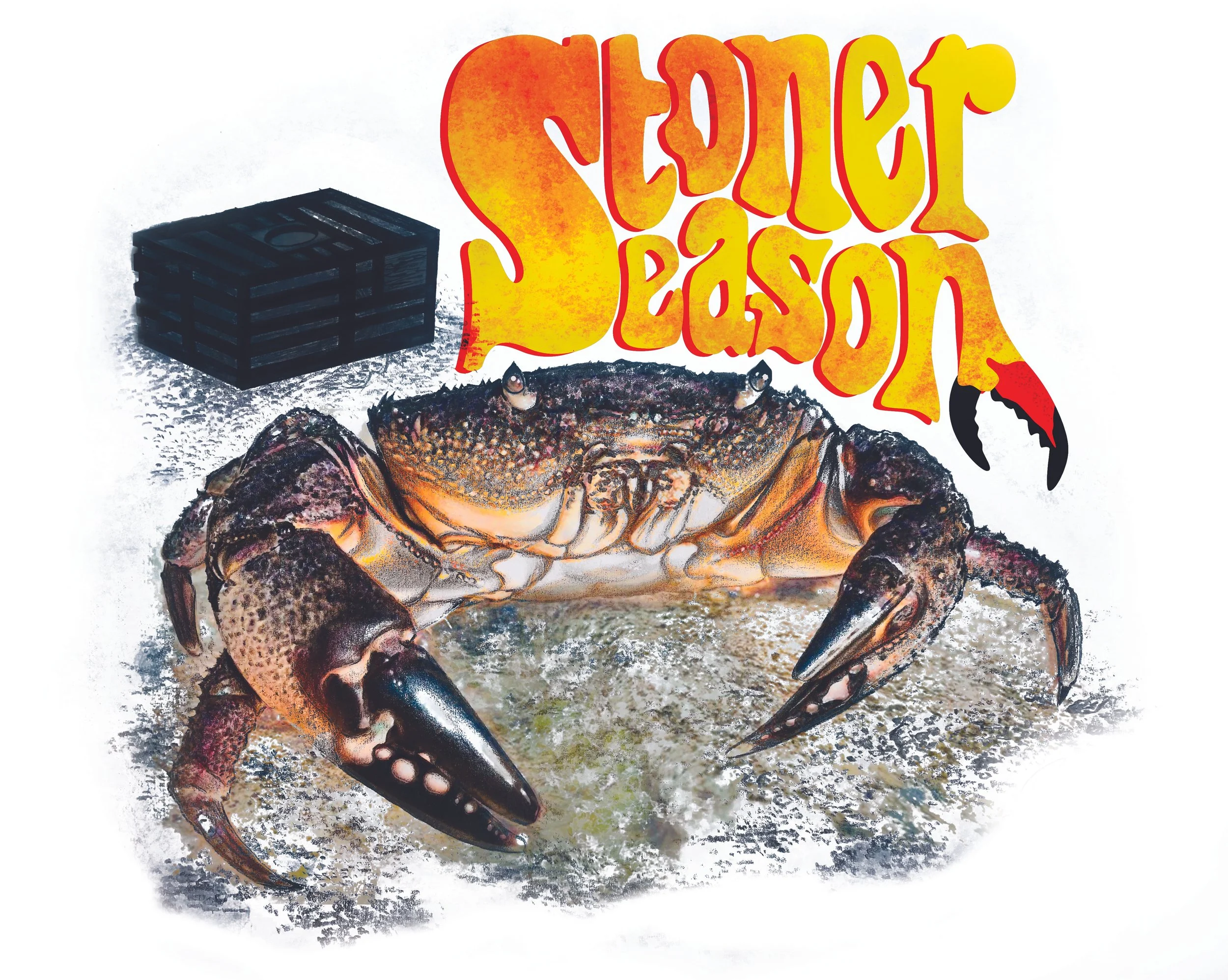 A seafood restaurant dinner display with a cooked crab, a logo with orange and yellow text, and a black container on a countertop.