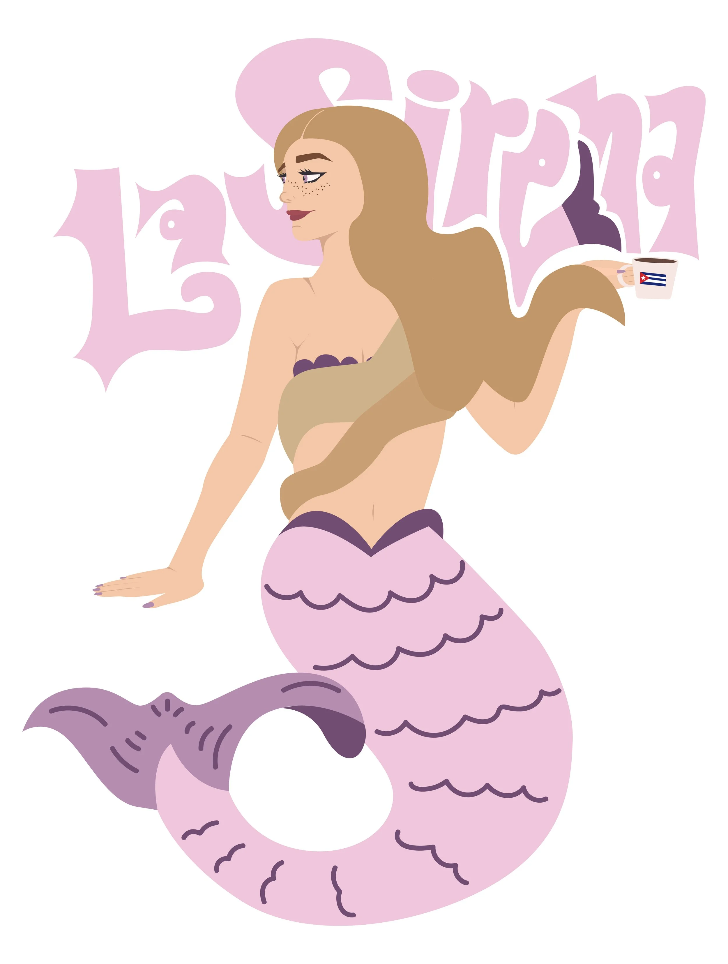 A person with mermaid features, holding a coffee mug with a Cuba flag, surrounded by stylized text that reads "Mermaid".