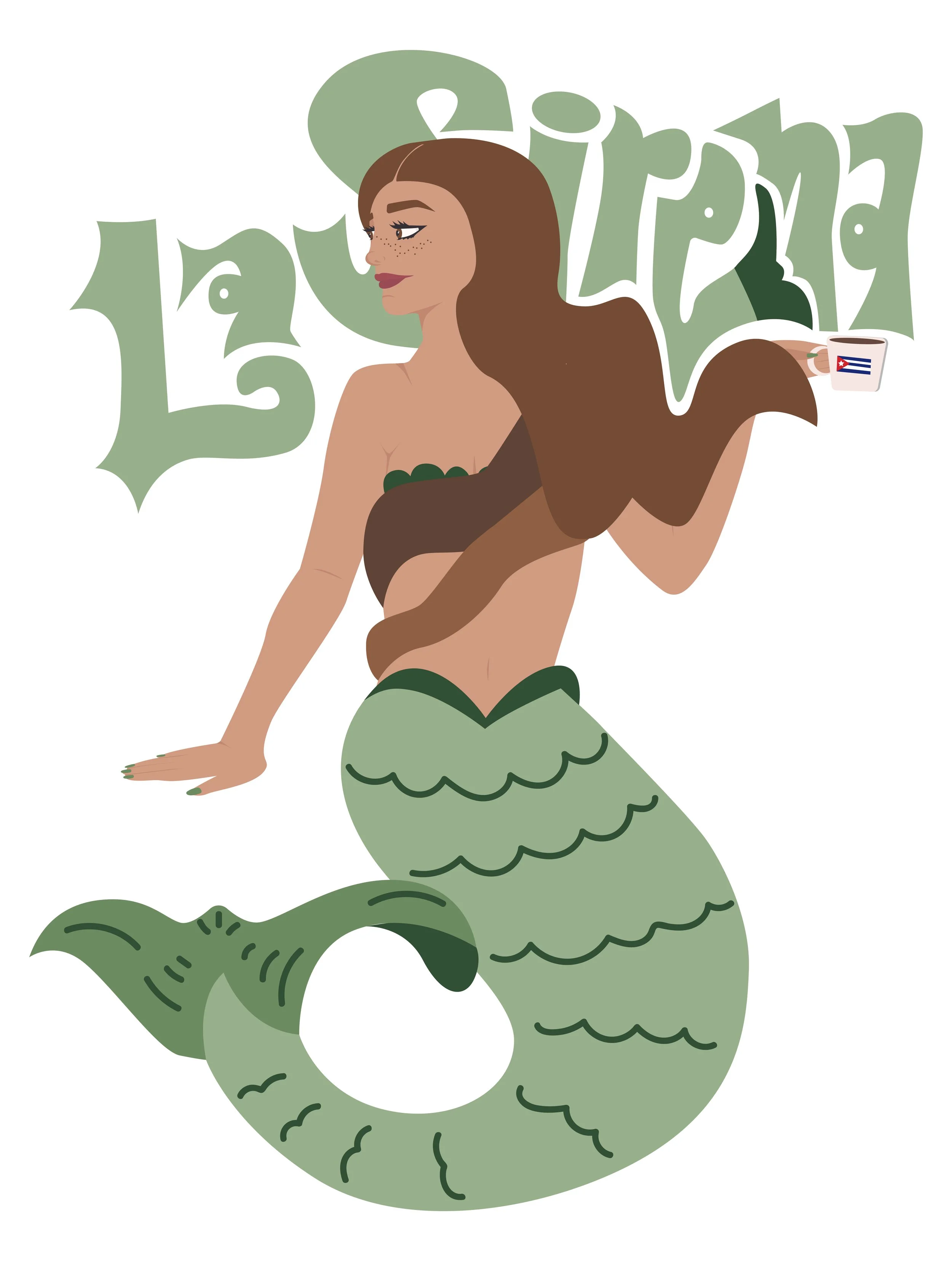 An illustration of a mermaid with brown hair, holding a cup with the Cuba flag, and a large, green fish tail with scales.