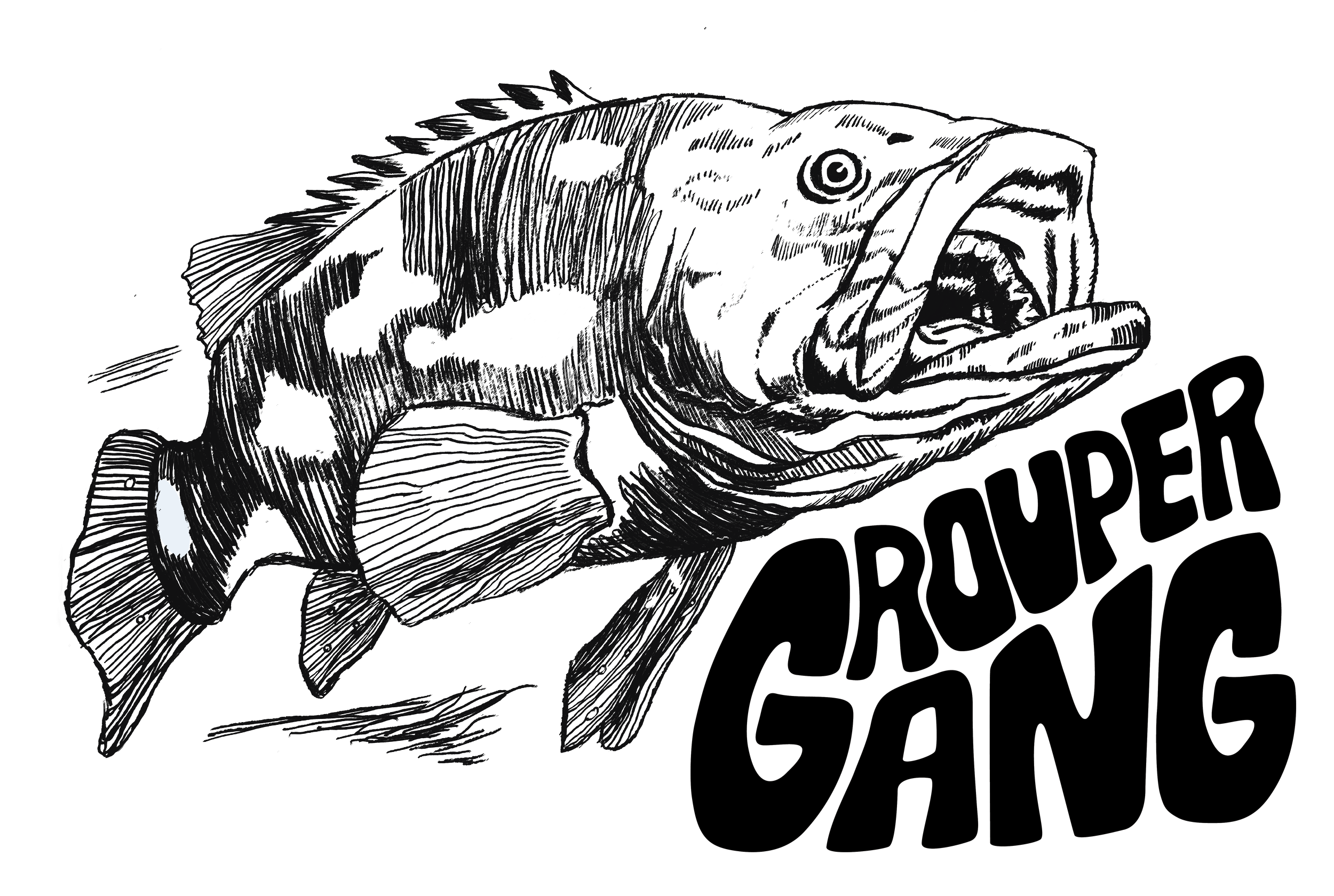 Line drawing of a fish with an open mouth, and text reading "GOURMET SEAFOOD".