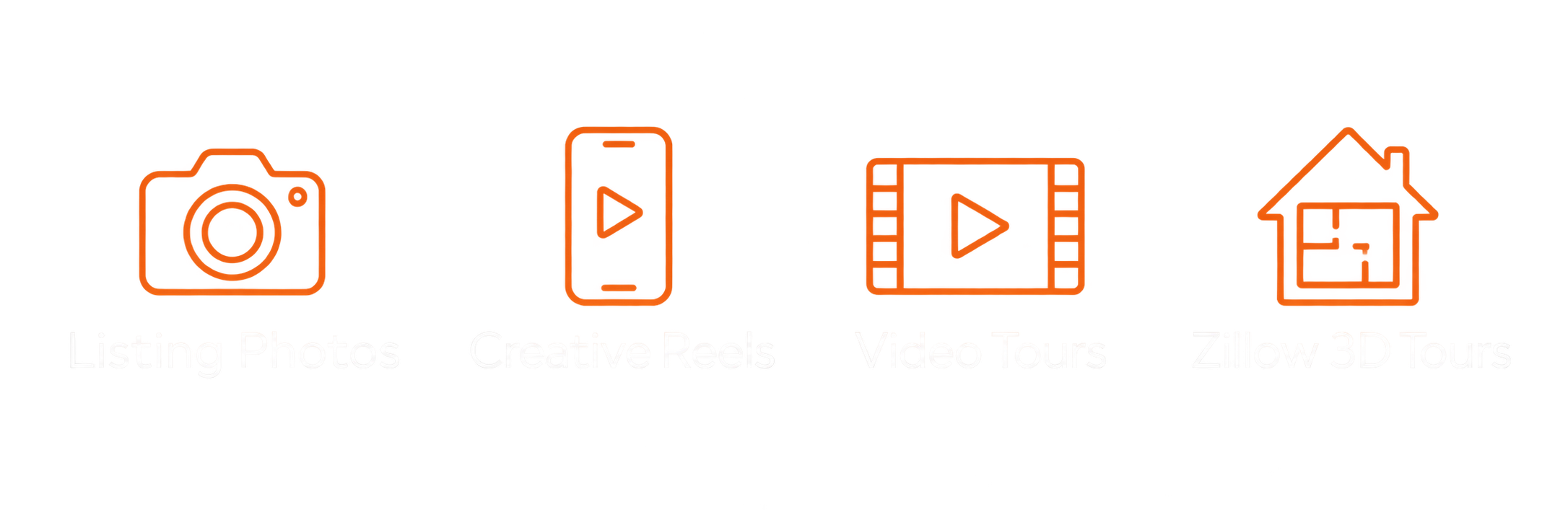 Icons representing camera, tablet, video reel, house, each with play button, stylized in red and orange on a black background, with a yellow strip below.