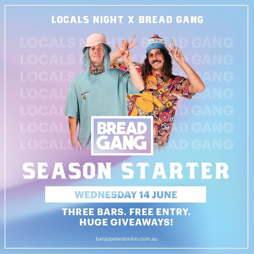 SET A REMINDER, NOW - We&rsquo;re launching into the season with a massive first Wednesday feat. @breadgangtv 

THREE BARS.
FREE ENTRY.
HUGE GIVEAWAYS.

See this wild duo in action on our first Locals Night of the season, Wed 14 June &ndash; You won&