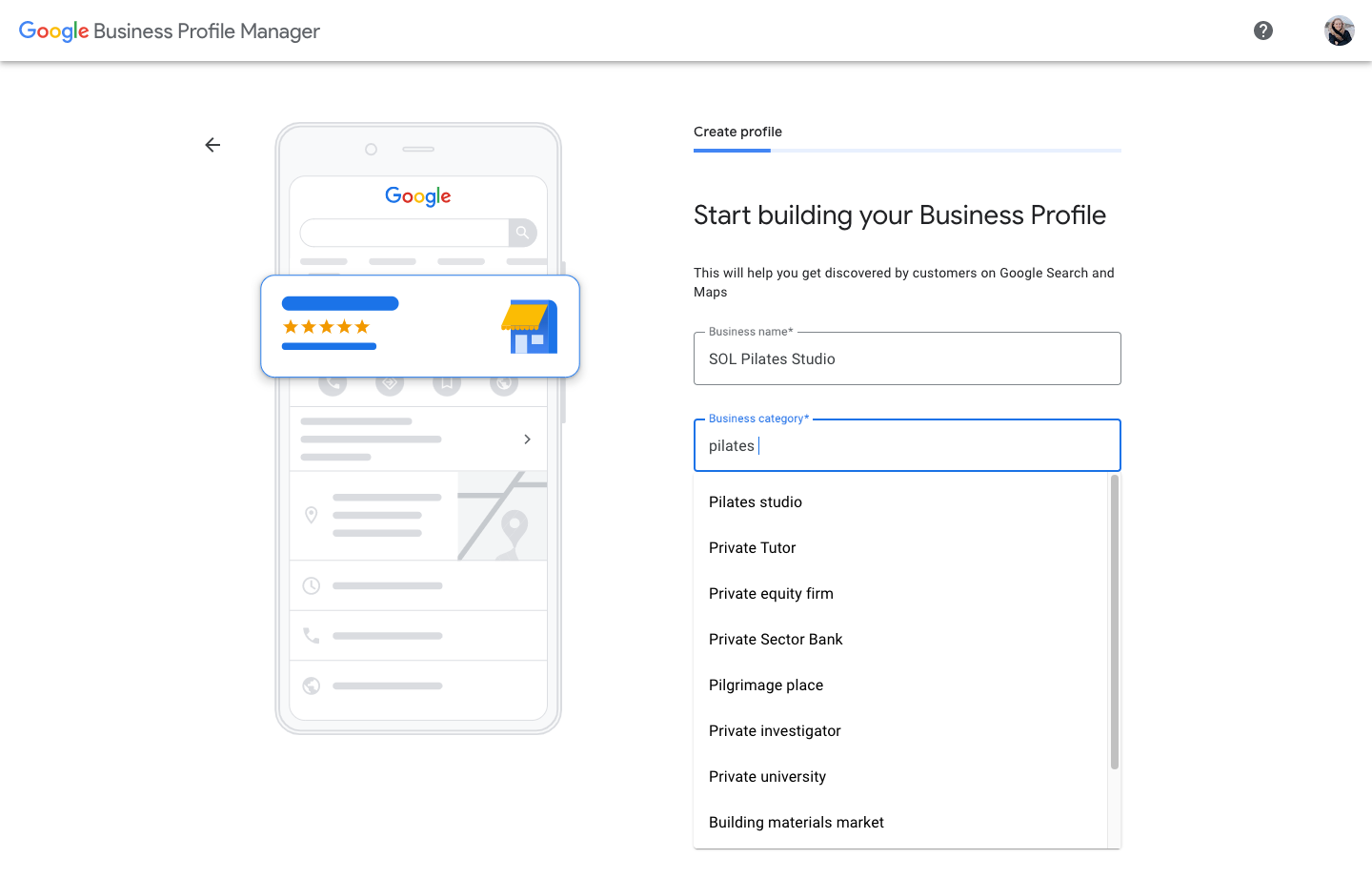 Select your Business name and Business Category to create your Google Business Profile.