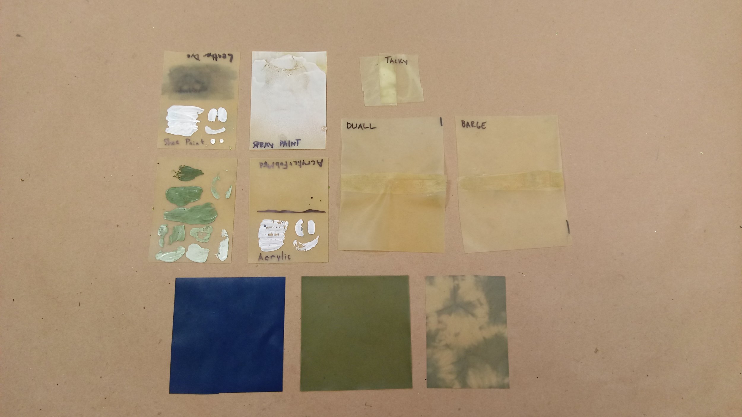 I knew I would be using a roll of latex as the base, so I got to work testing different glues, dyes, and paints. I settled on using Barge contact cement, RIT Proline Dye, and liquid latex mixed with acrylic paint.