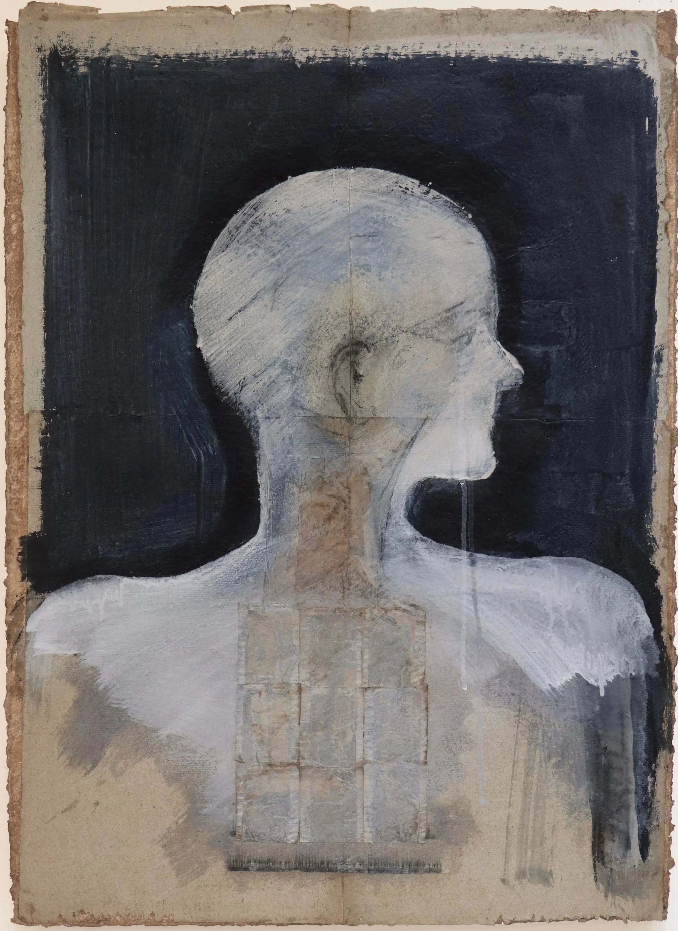 Cave of Knowing art work by Susan Singleton. Image on vintage papers, of human profile