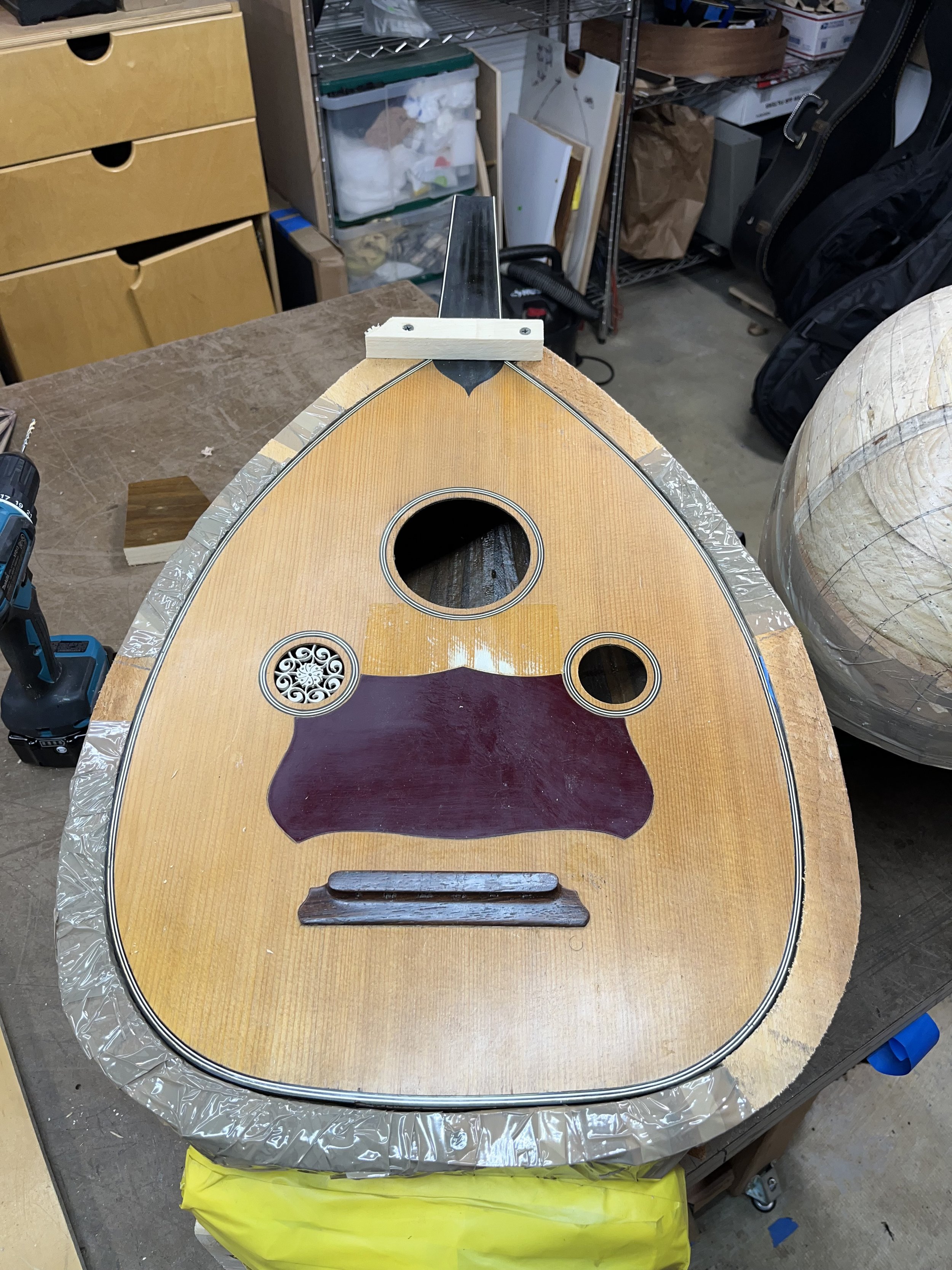A Turkish hanim oud, pre-repair. This oud was previously repaired by unidentified luthier, who used contemporary materials.