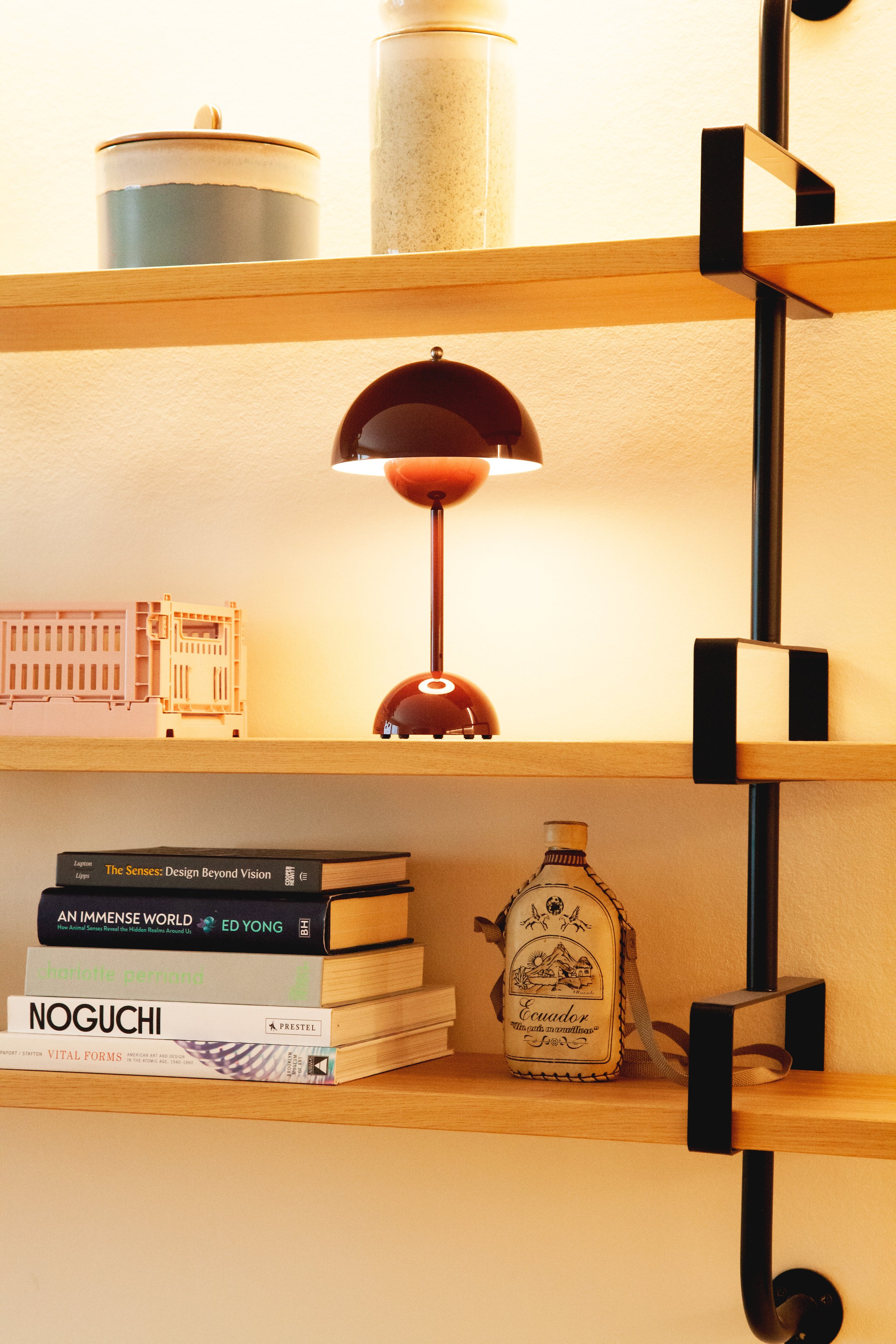 Alternate view of the shelves, focusing on the square details that attach around each floating shelf edge.