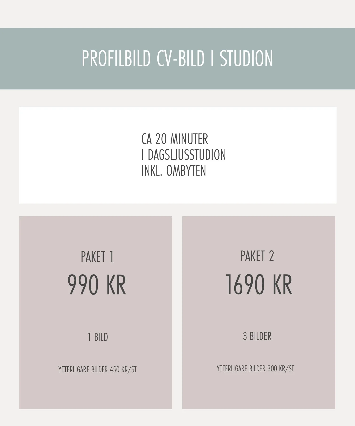 Informationsblad med priser och upplägg på fotografering av CV-bilder i studio i Linköping