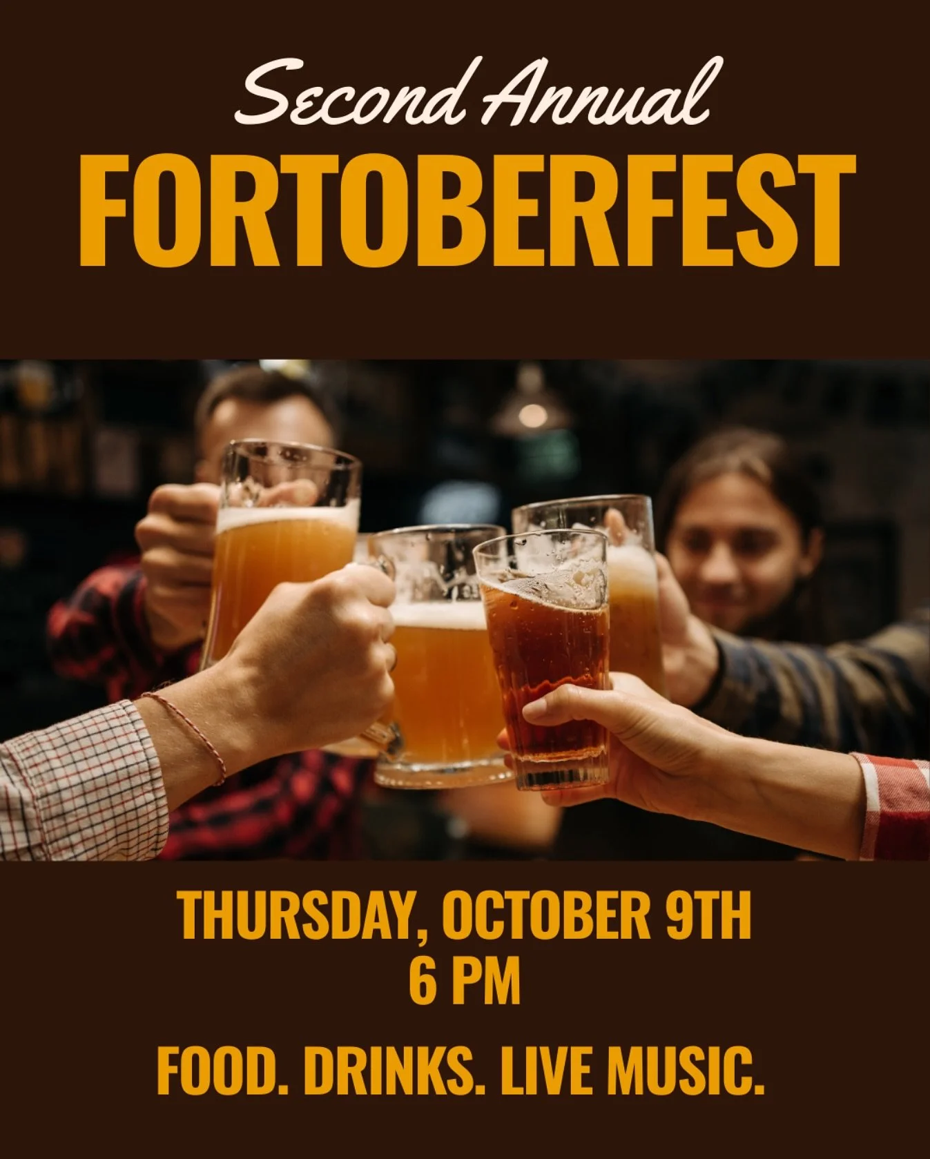 Raise your steins and let&rsquo;s celebrate our second annual Fortoberfest 🍻 Pretzels, sausage, German potato salad, kraut, and more!

Ticket includes dinner, your first beer, and a commemorative beer stein 🥨 We&rsquo;re adding live music this year
