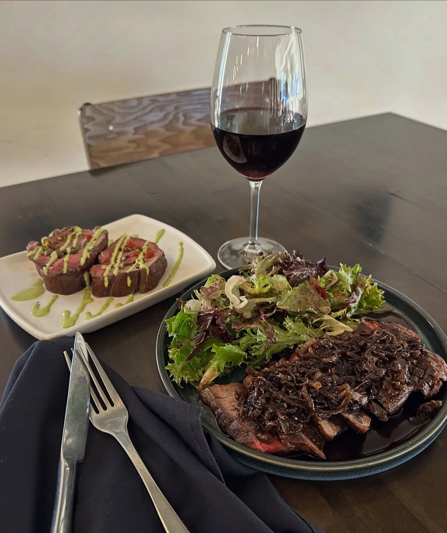 We are already dreaming of the weekend! Join us this Friday &amp; Saturday for dinner!
- Stuffed beef tenderloin with roasted red peppers, mushrooms, cotija, and breadcrumbs. Served with a chimi mayo, roasted potatoes and vegetable
- Flank steak with